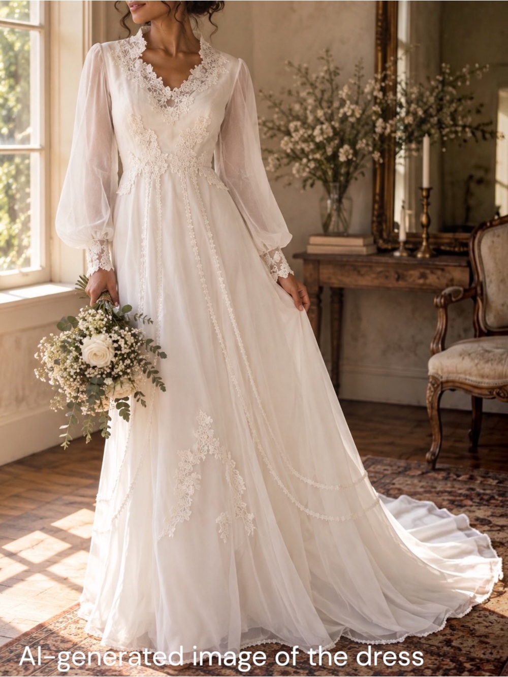Romantic 70s Wedding Dress XS/S White Lace Applique Gown Sheer Bishop Sleeve